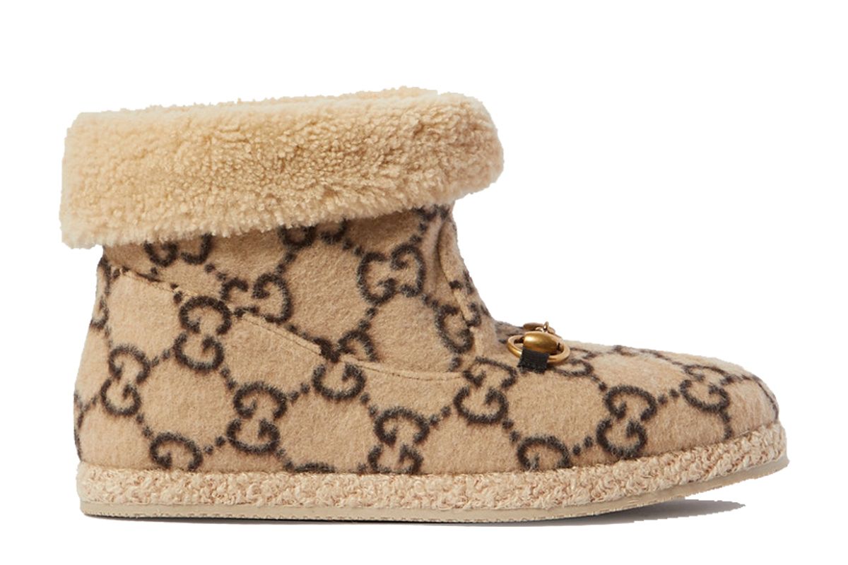 guuci fria horsebit detailed logo print wool and faux shearling ankle boots