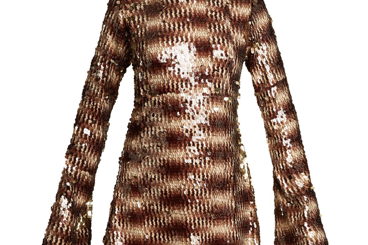 halpern sequin embellished high neck flared sleeve dress