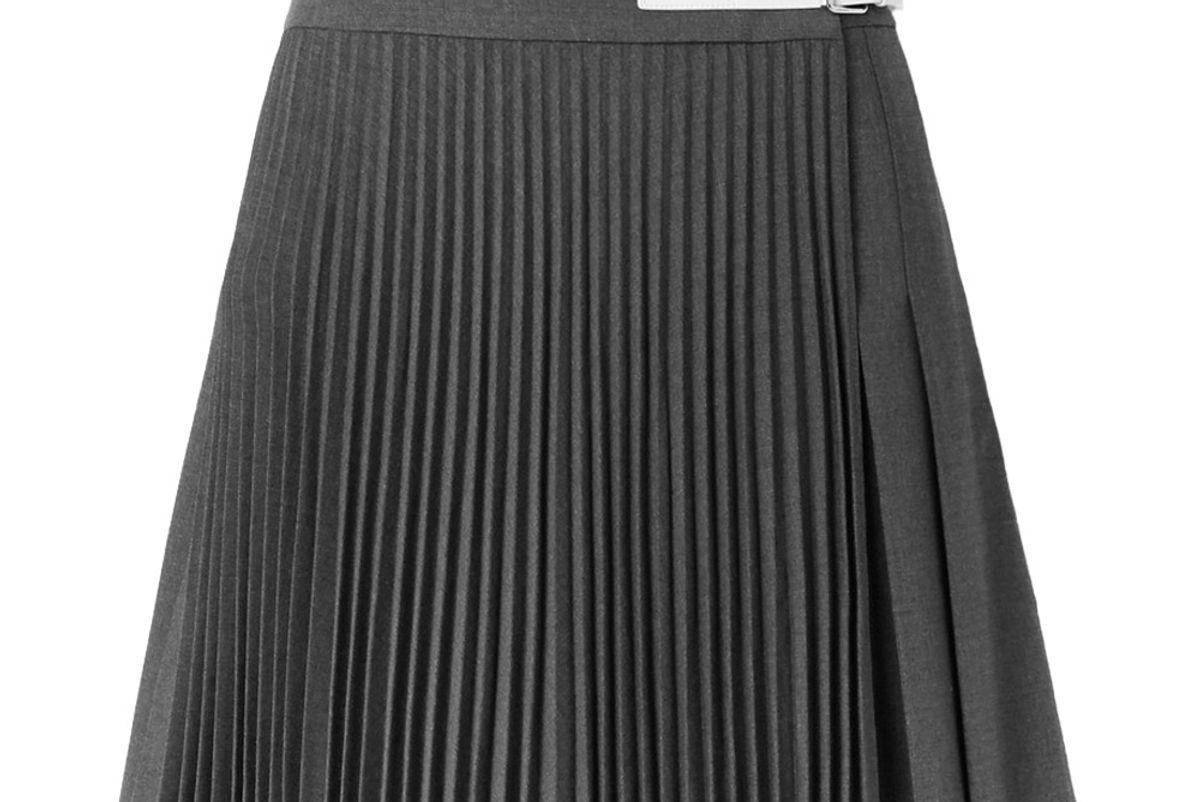 helmut lang buckled leather trimmed pleated wool blend wrap mini skirt