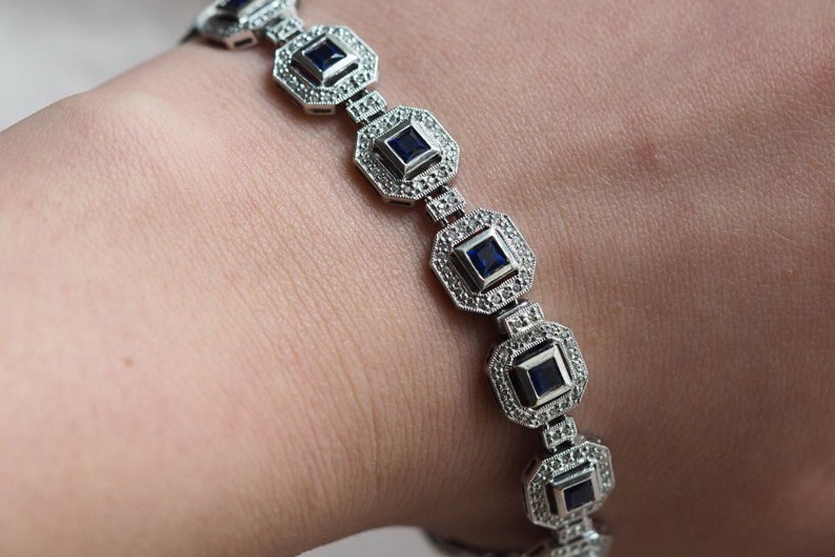 hiddenatticantiques vintage 14k white gold sapphire diamond link bracelet