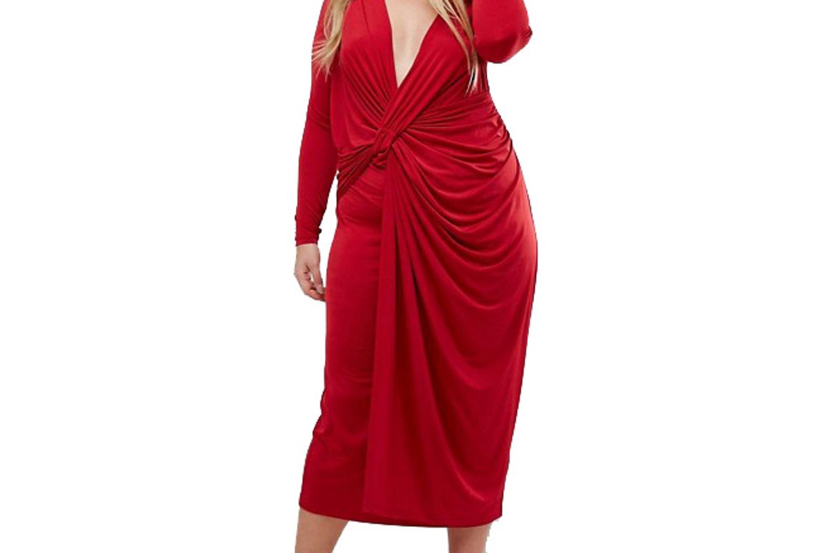 Curve Plunge Twist Front Midi Dress