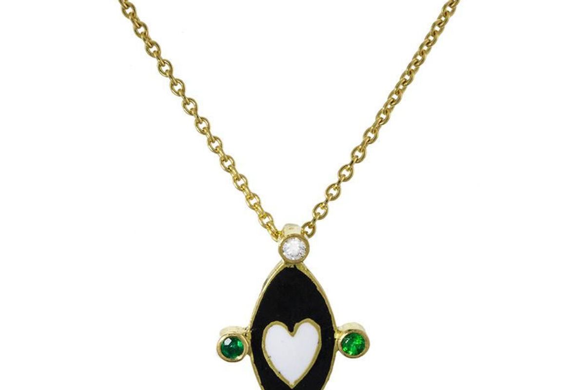 Black and White Enamel Emerald Diamond Go Lightly Pendant