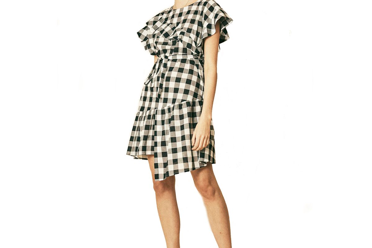house of sunny gingham asymmetric dress with ruffle detail