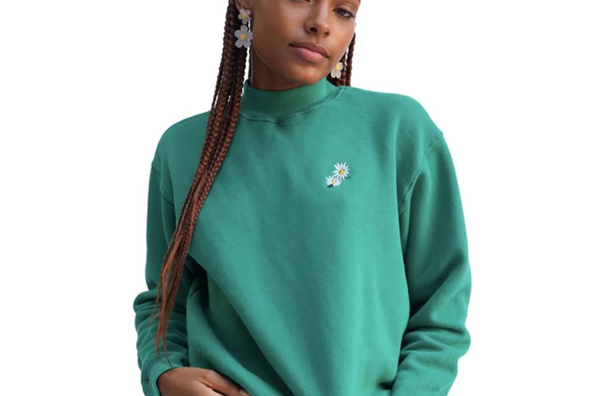 hvn solid green with daisy embroidery mock neck