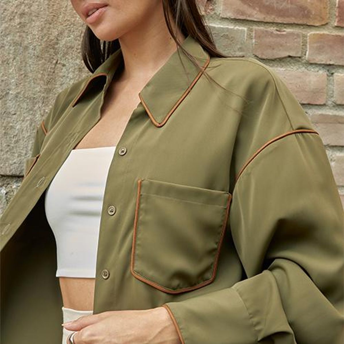 Women’s Military Olive Silky Button Down Shirt