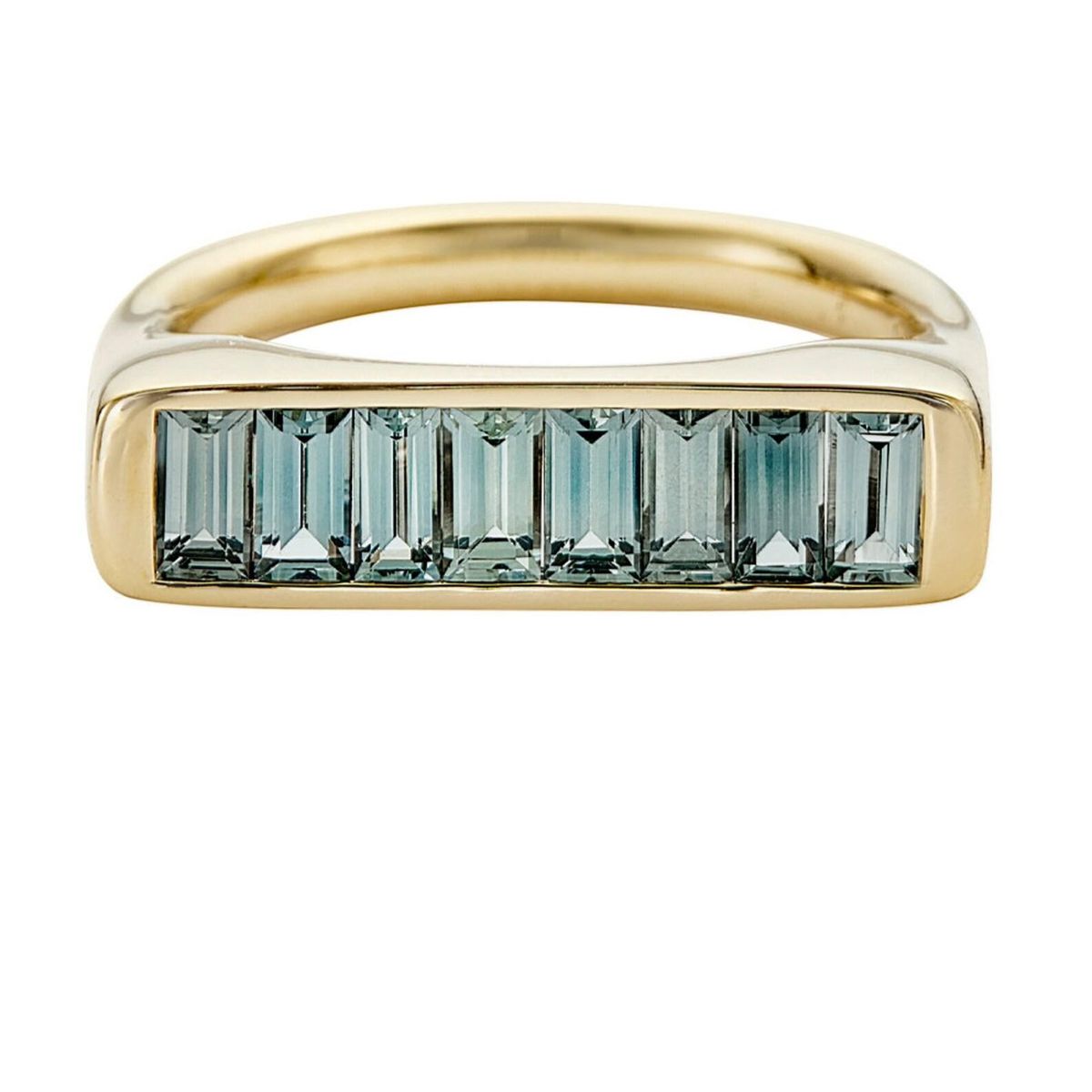 River Bank Statement Ring with Baguette Cut Teal Sapphires