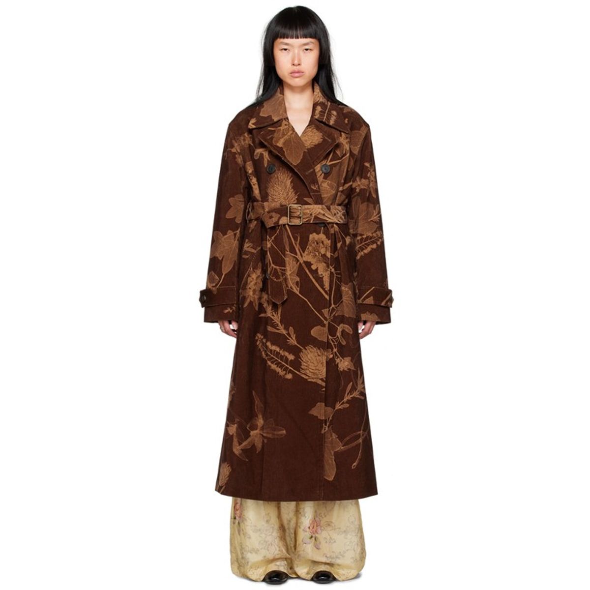 Brown Pressed Flowers Trench Coat