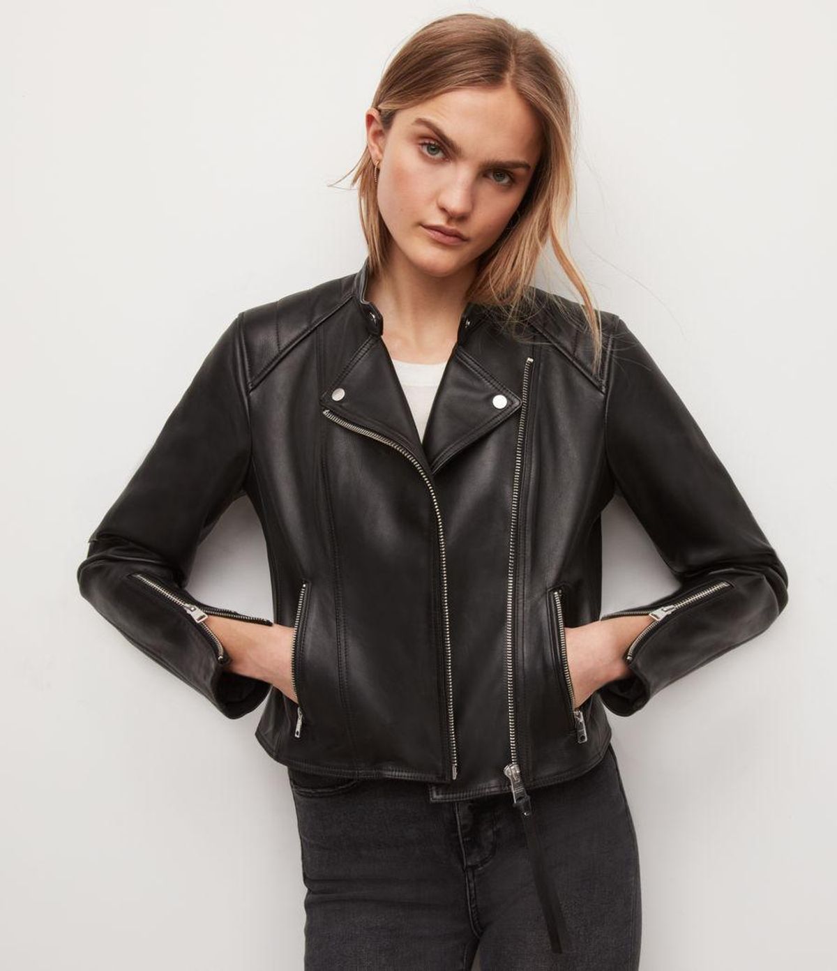 Neve Tab Neck Leather Biker Jacket