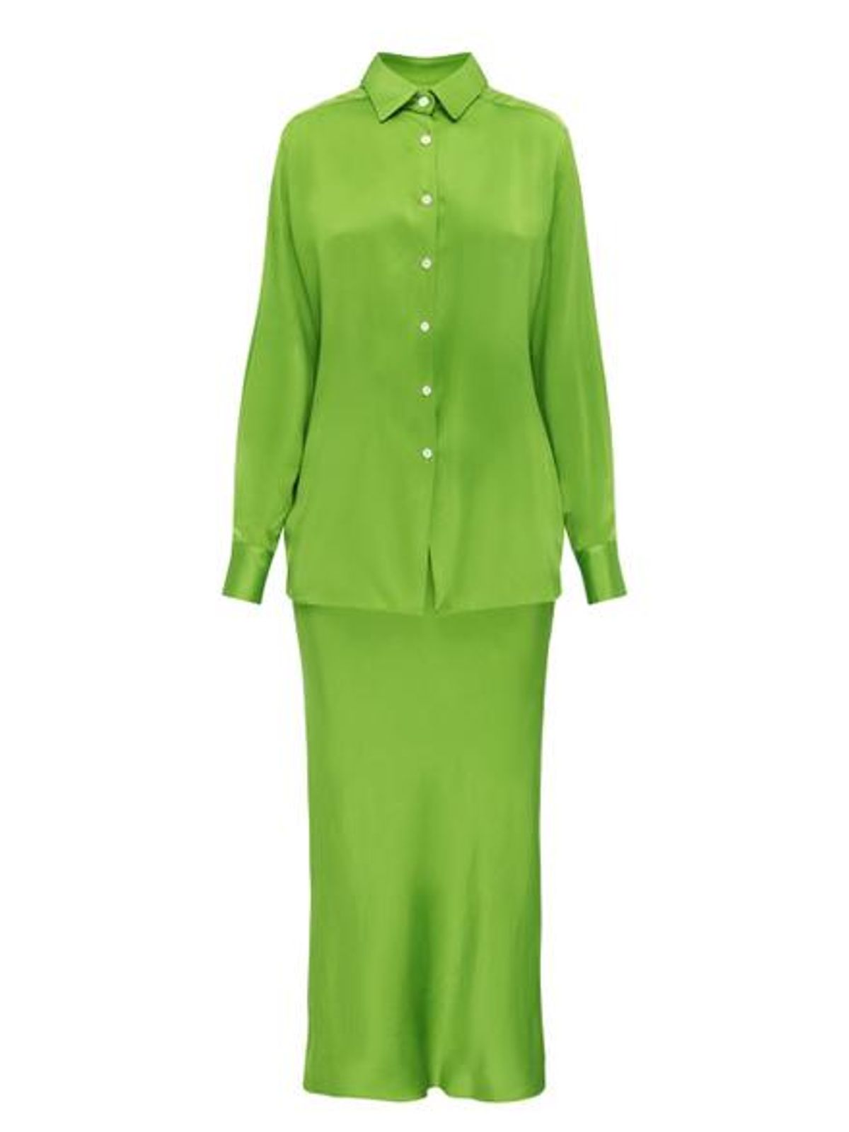 Silk Button Up Bias Shirt Midi Dress