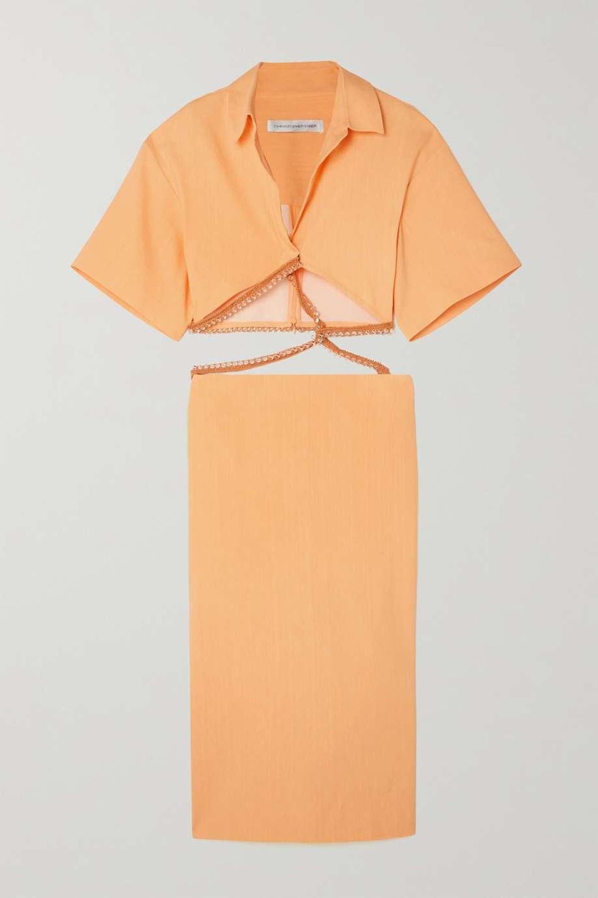 Cutout Bead-embellished Linen-blend Maxi Shirt Dress