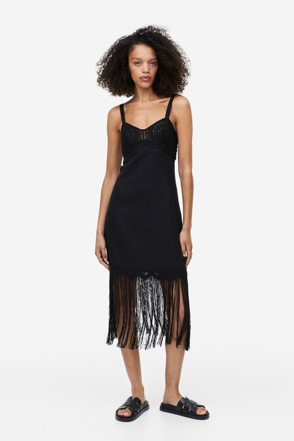 Linen Blend Crochet Dress with Fringe