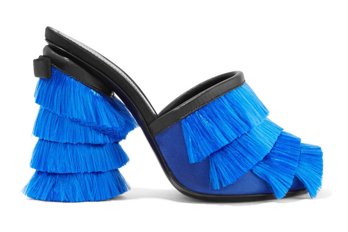 Leather-Trimmed Fringed-Satin Mules