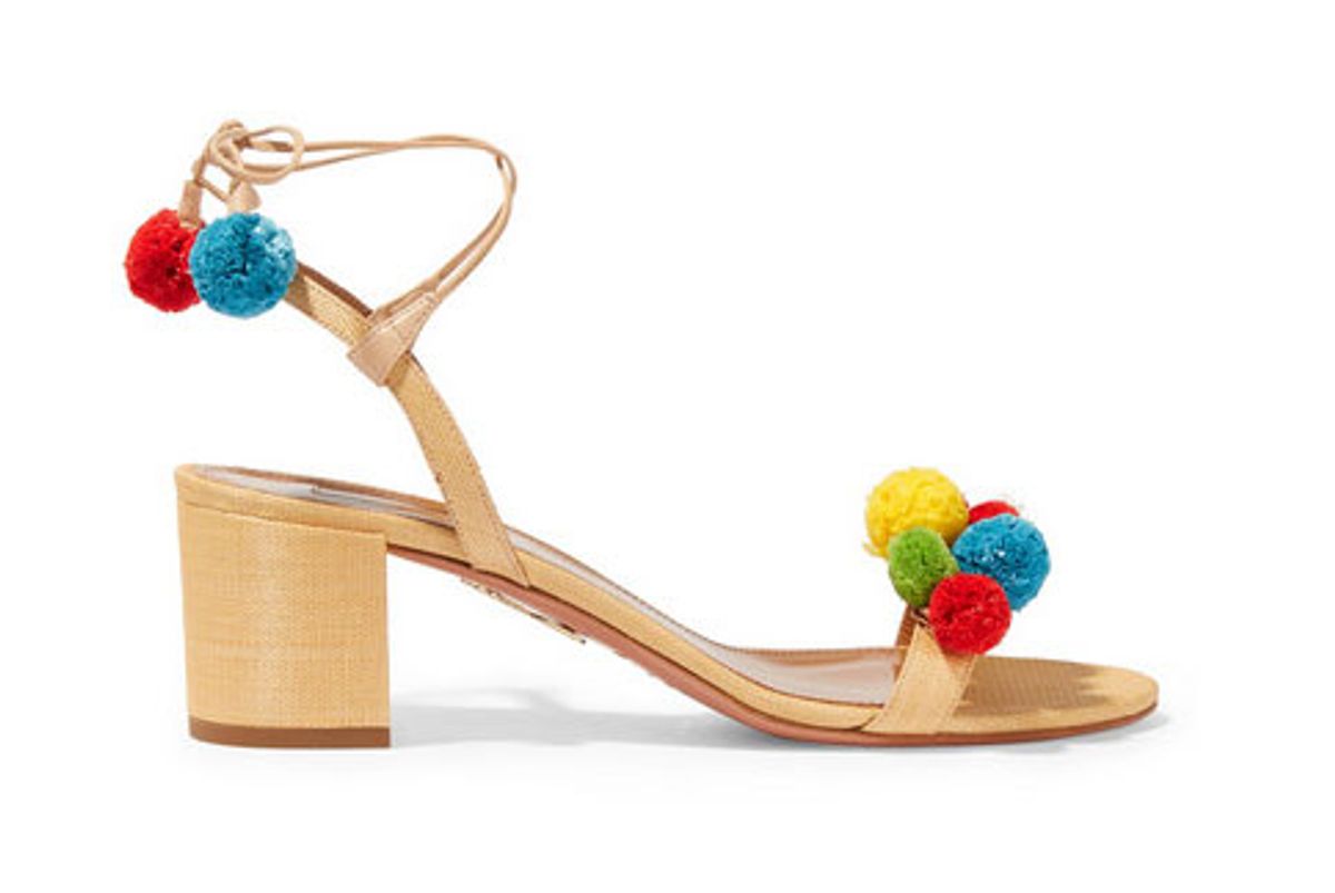 Pompom-embellished raffia sandals