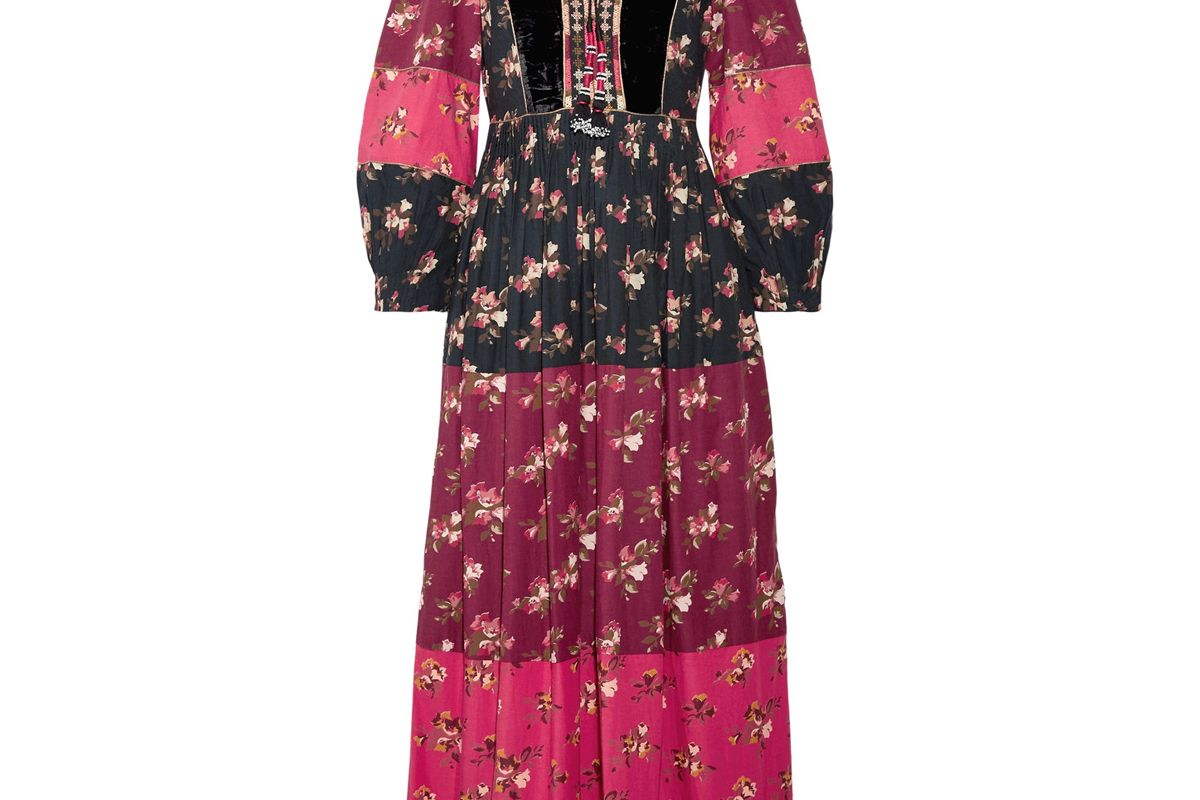 Suzana Velvet-Trimmed Printed Cotton-Blend Maxi Dress