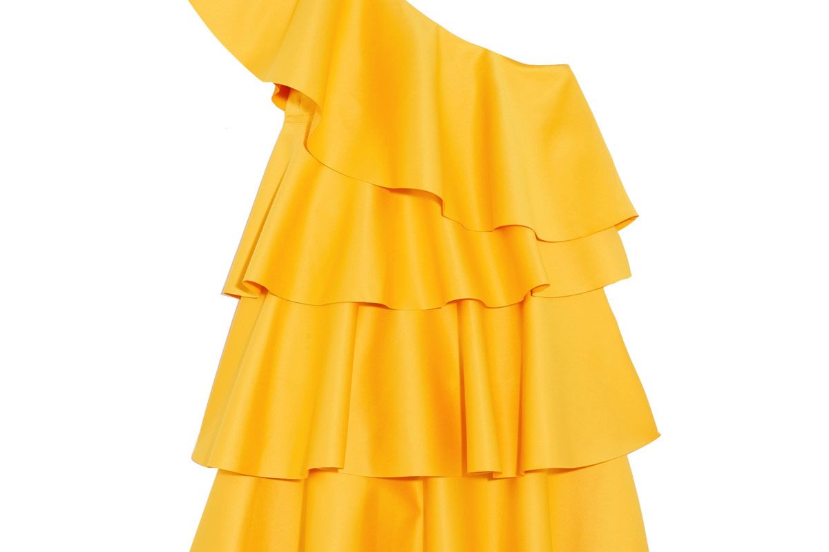 One-shoulder ruffled crepe mini dress