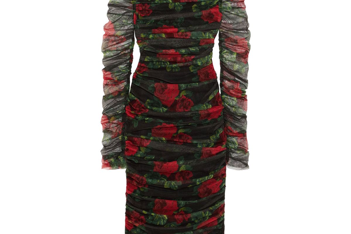 Ruched floral-print cotton-tulle midi dress