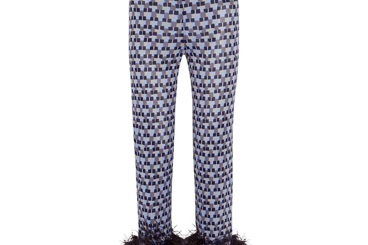 Feather-Trimmed Printed Crepe de Chine Straight-Leg Pants