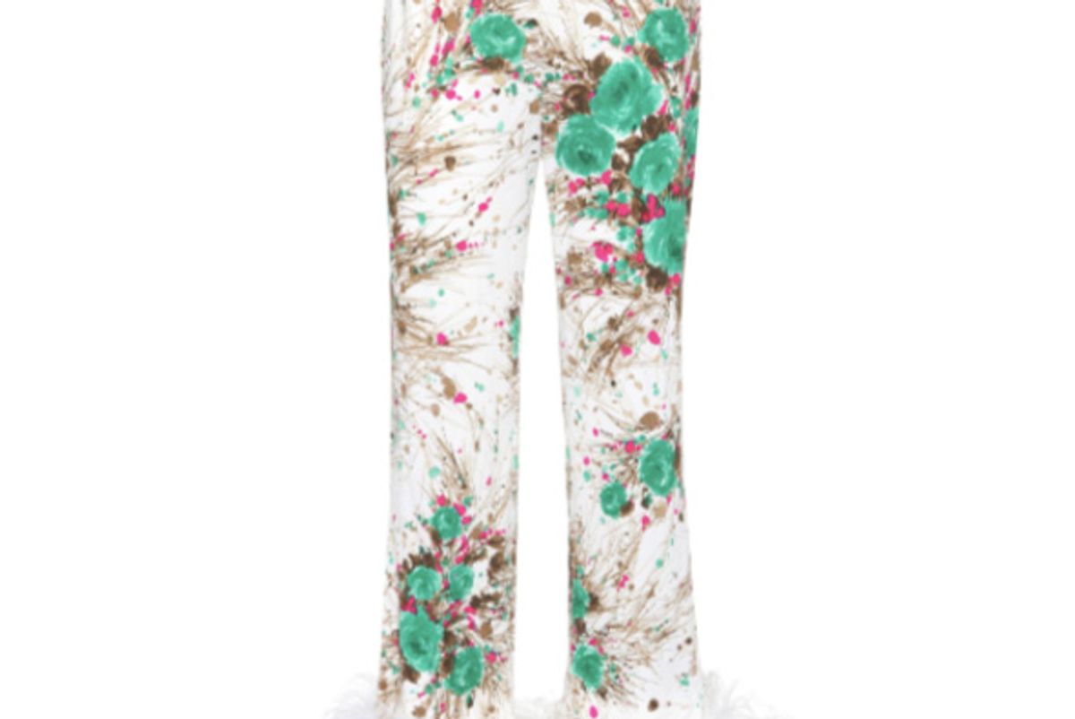 Feather-Trimmed Printed Silk Trousers