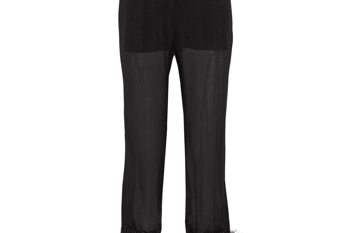 Feather-Trimmed Silk-Georgette Straight-Leg Pants