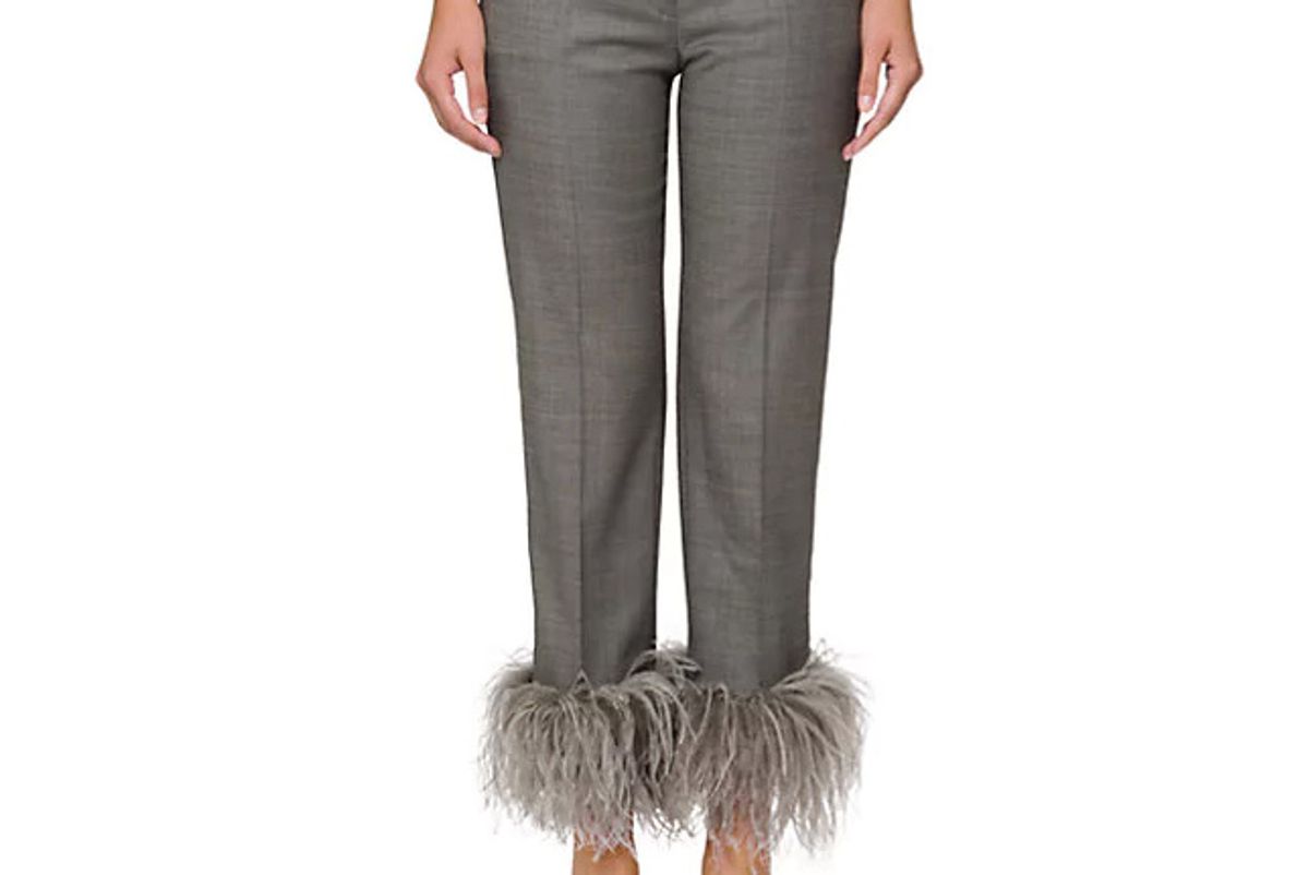 Feather-Embellished Wool-Blend Crop Trousers