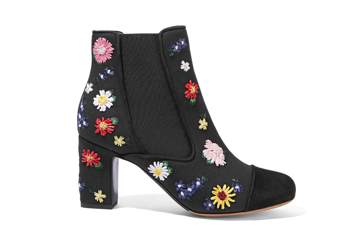 Micki Meadow suede-paneled embroidered canvas ankle boots