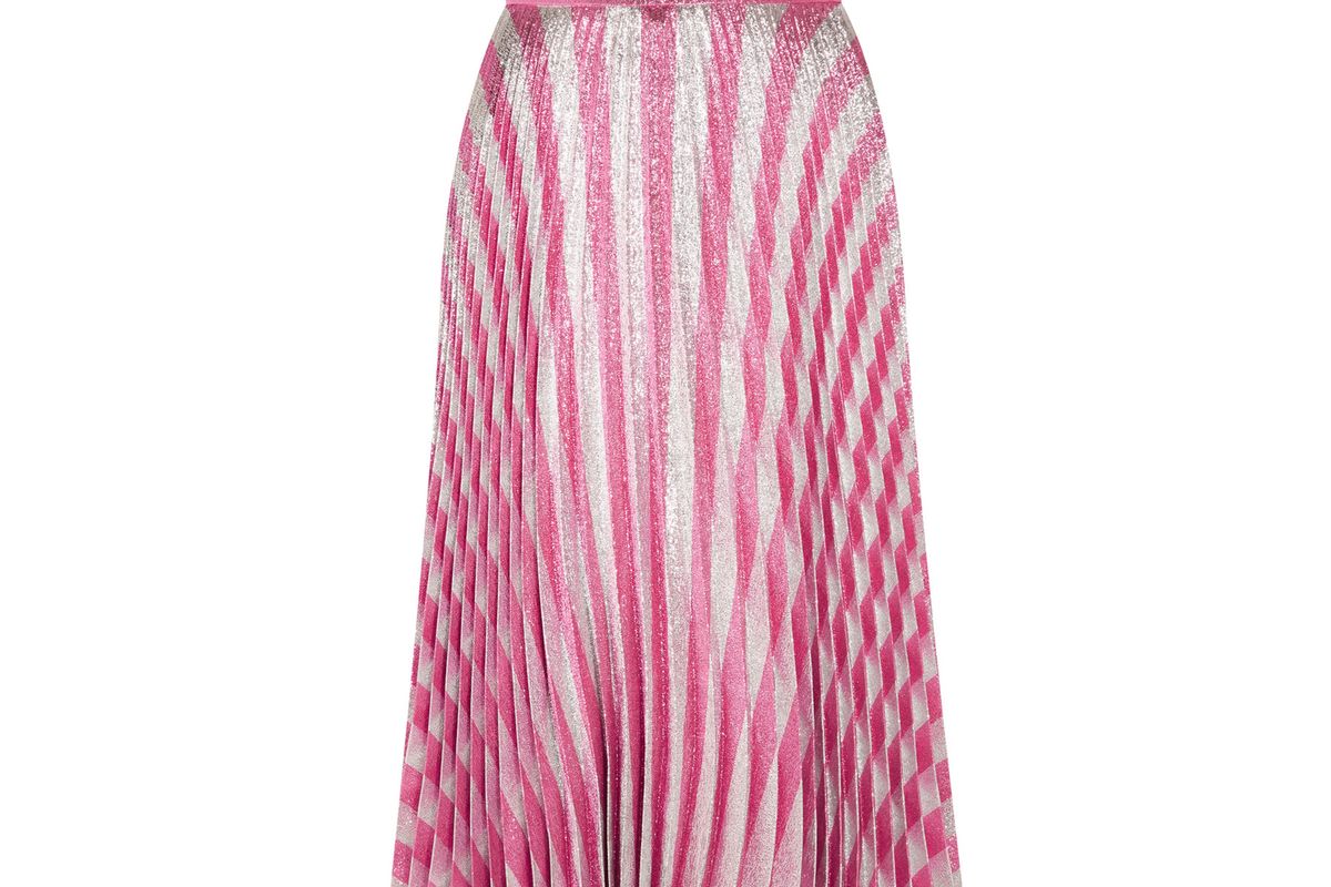 Pleated metallic striped stretch-silk midi skirt