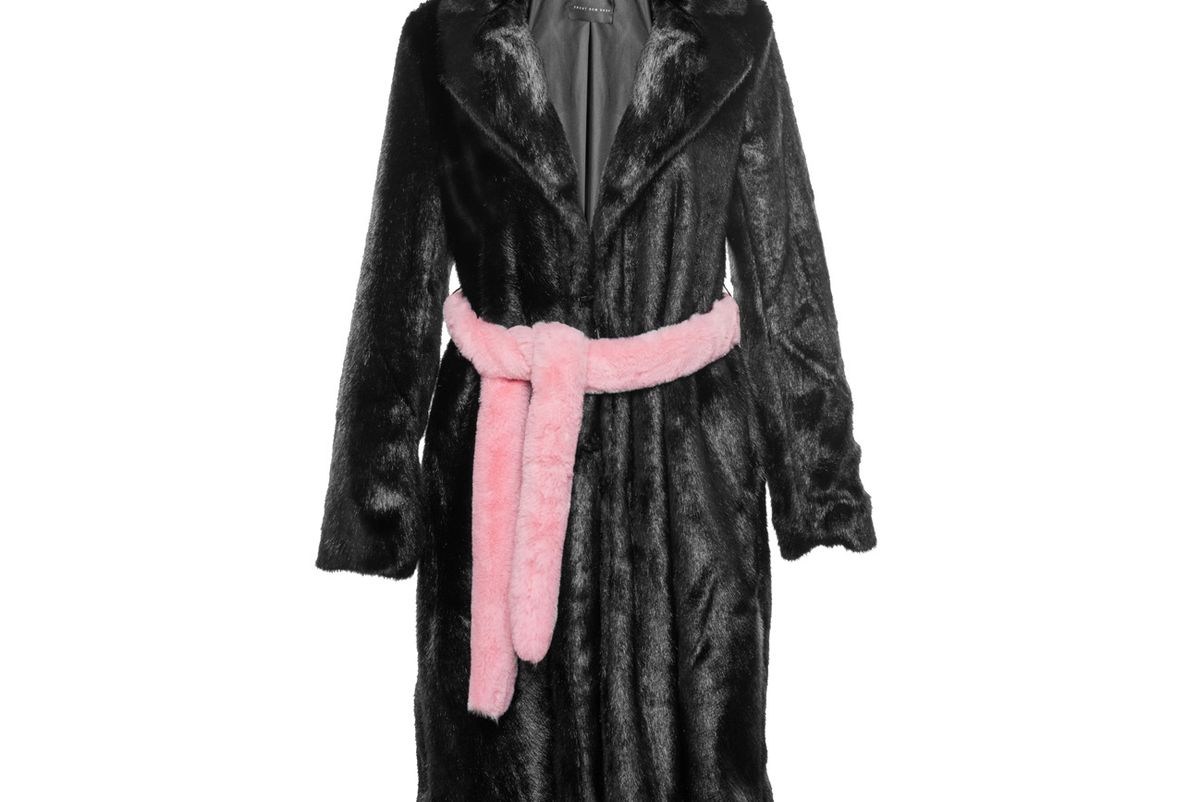 Black Faux Fur Coat with Pink Belt