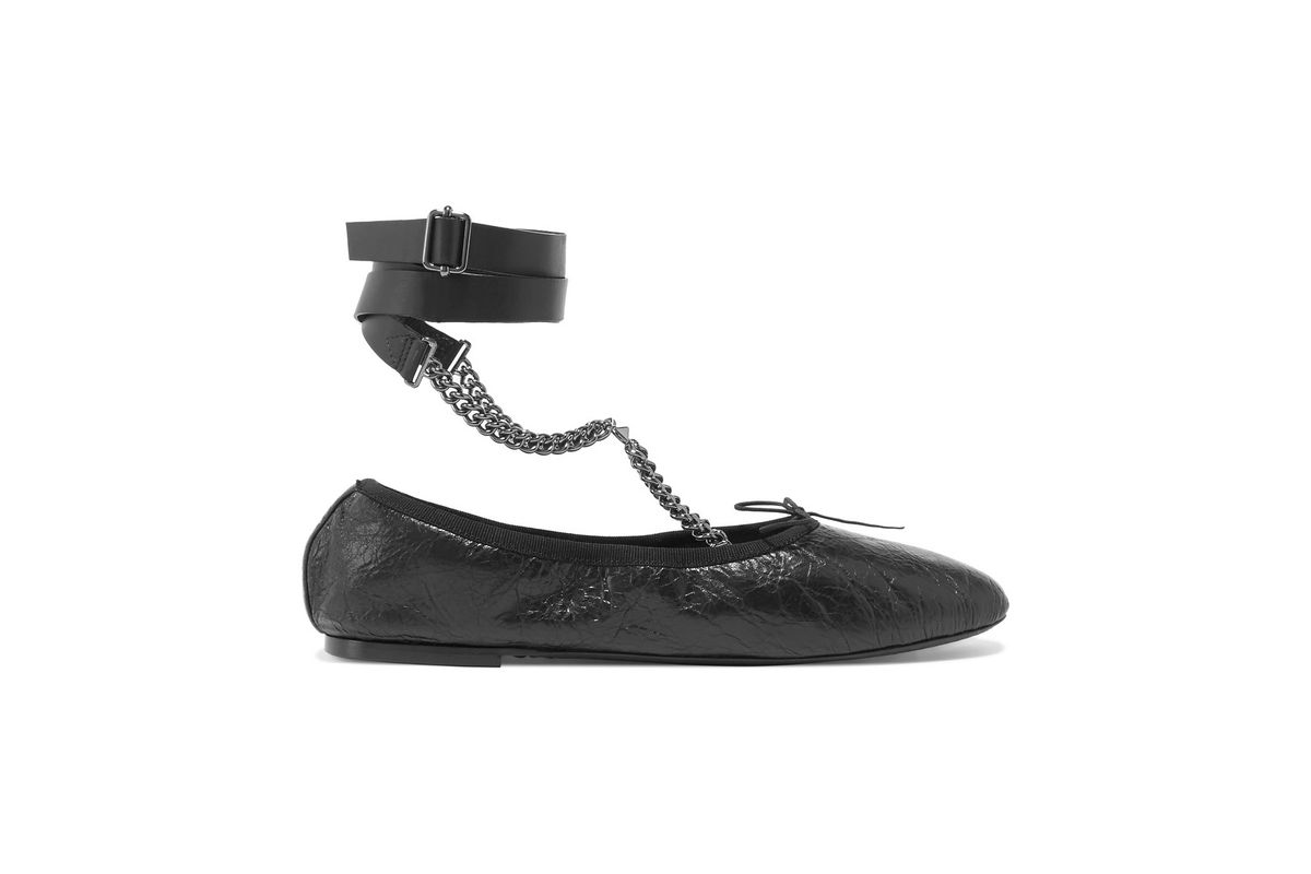 Chain-embellished cracked glossed-leather ballet flats