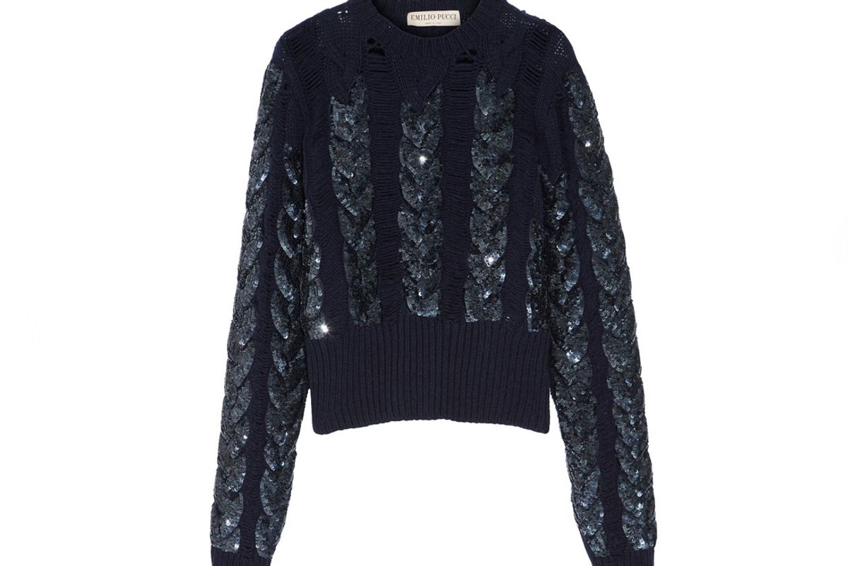 Distressed Sequin-Embellished Cable-Knit Wool Sweater