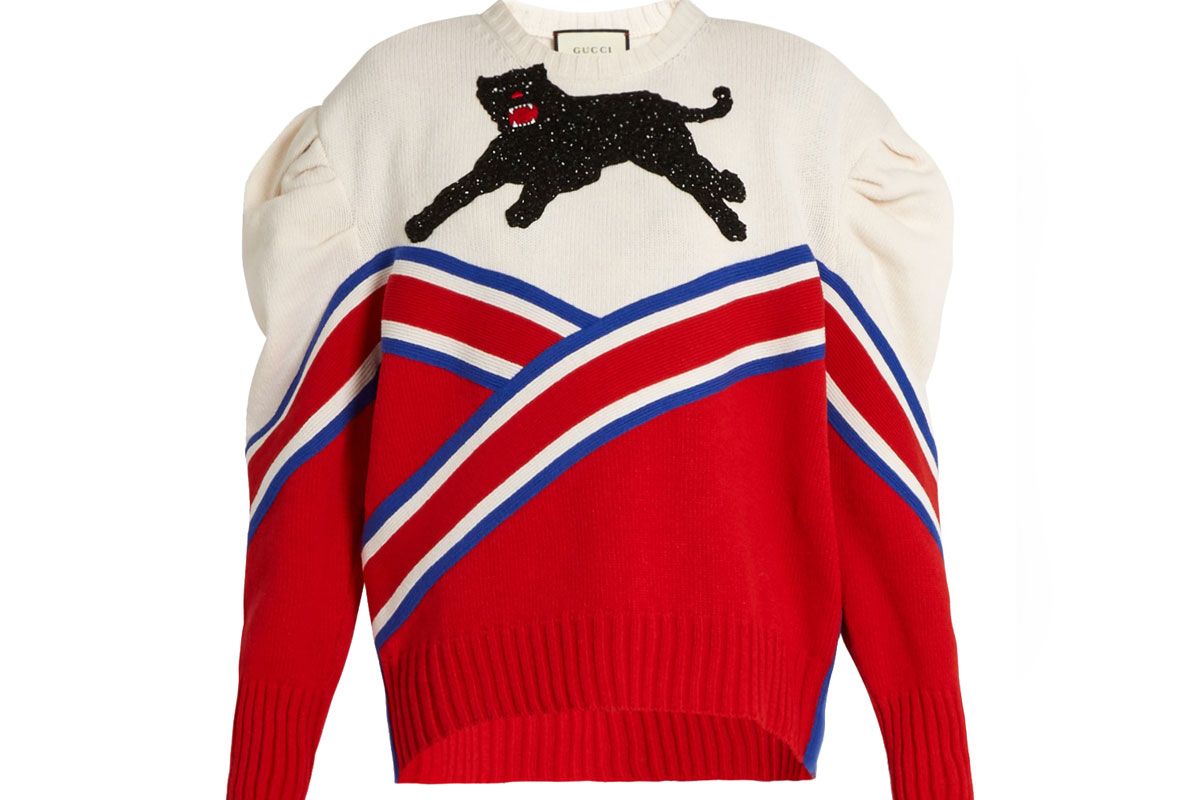 Panther-Appliqué Pleated-Shoulder Wool Sweater