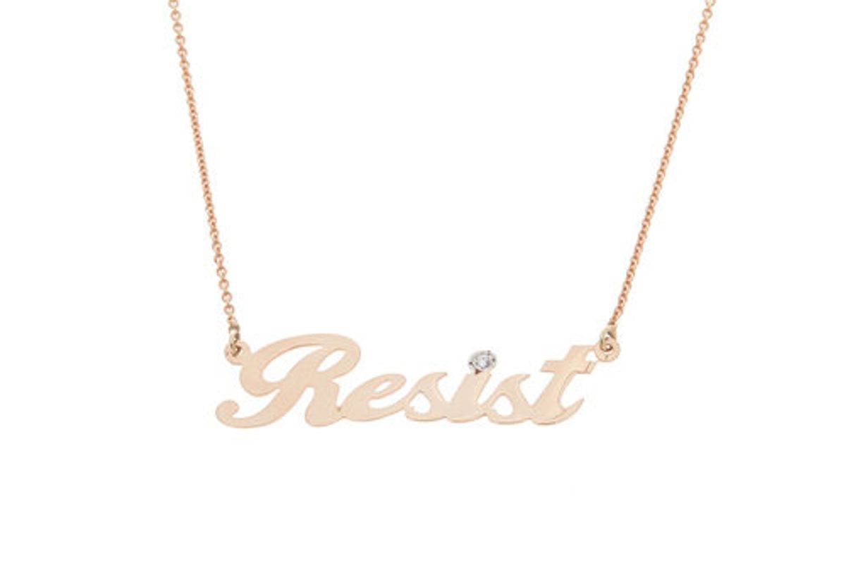 “Resist” Nameplate Necklace, 14K Rose Gold