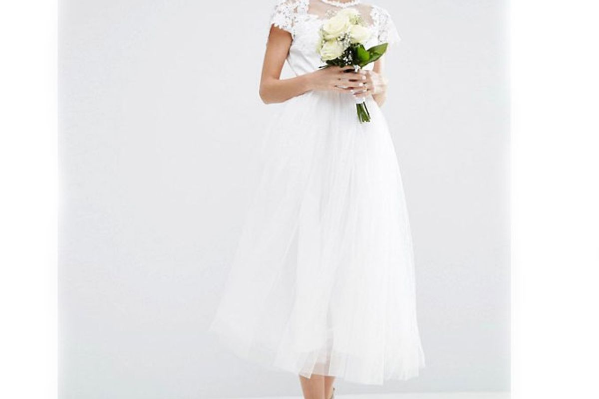 Lace Applique Mesh Midi Prom Dress