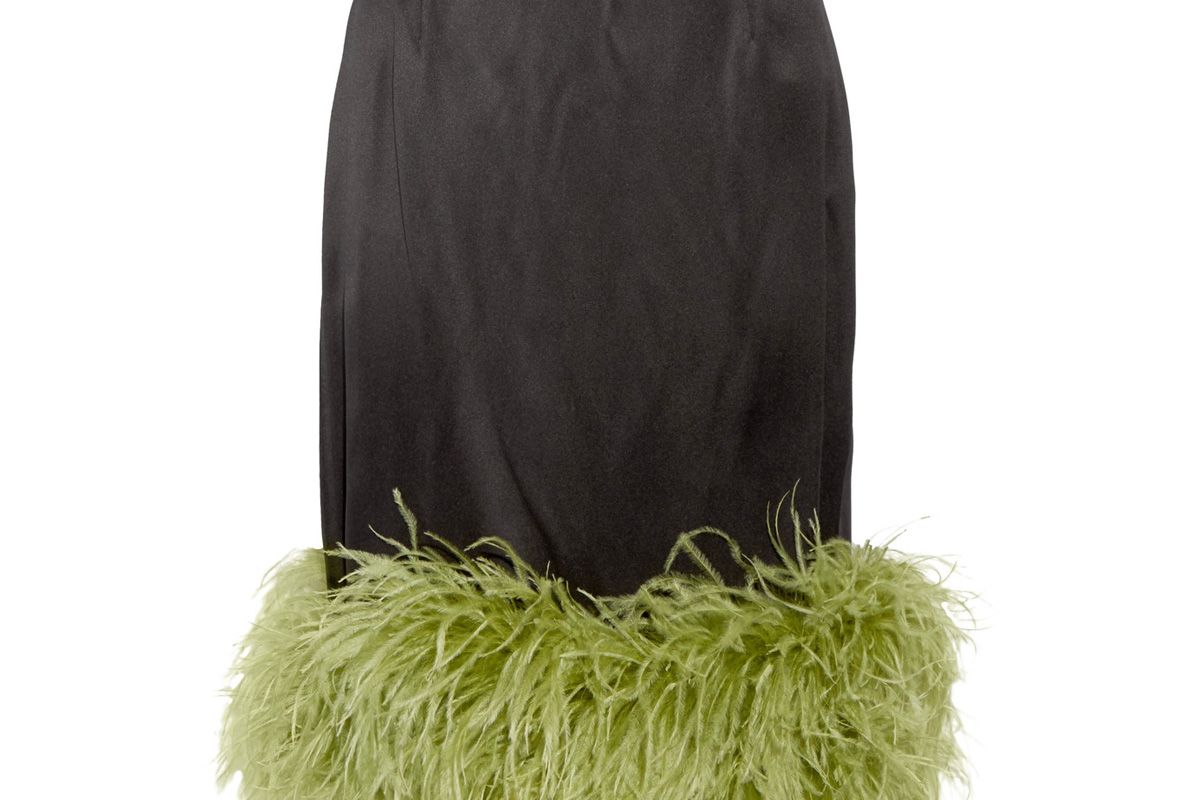 Feather-Trimmed Satin Midi Skirt