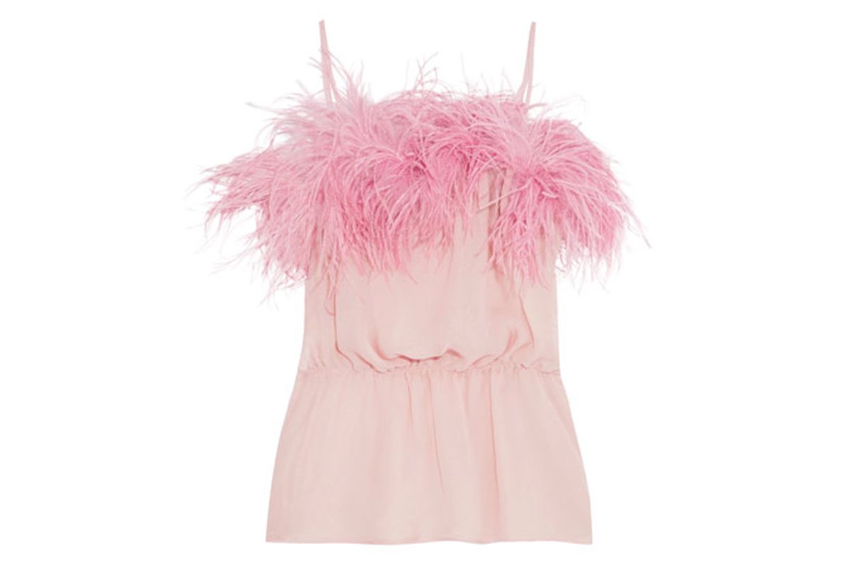 Feather-Trimmed Crinkled Silk-Chiffon Camisole
