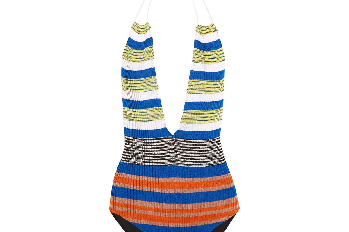 Mare cutout striped crochet-knit halterneck swimsuit