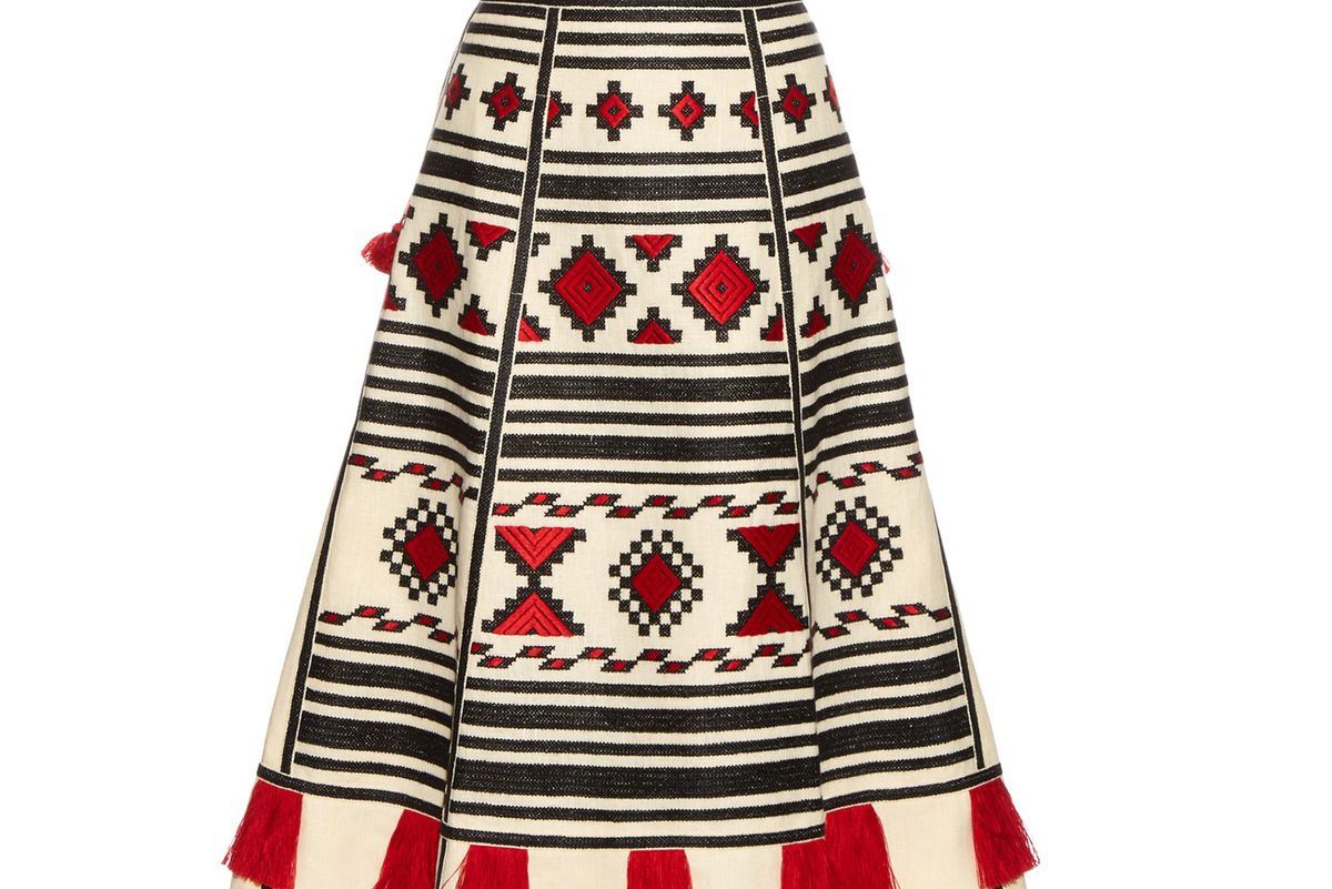 Geometric-embroidered linen skirt