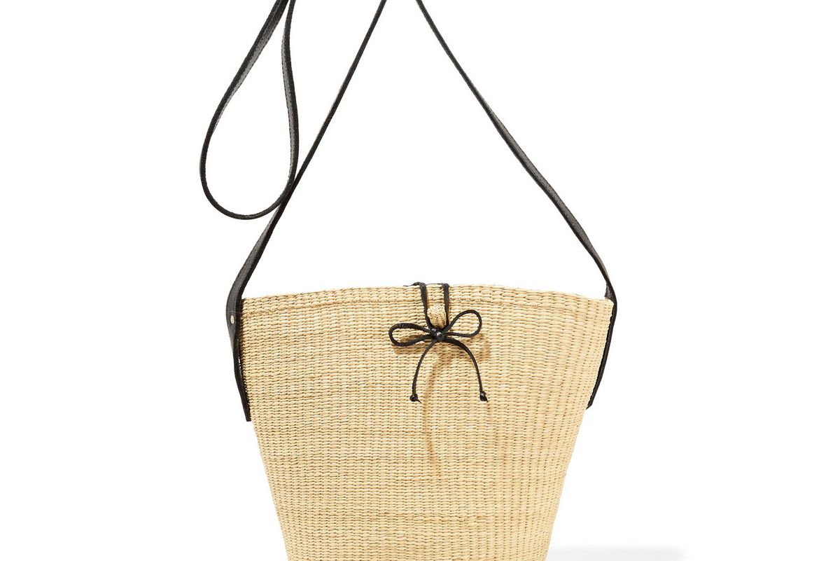 Leather-trimmed woven toquilla straw shoulder bag