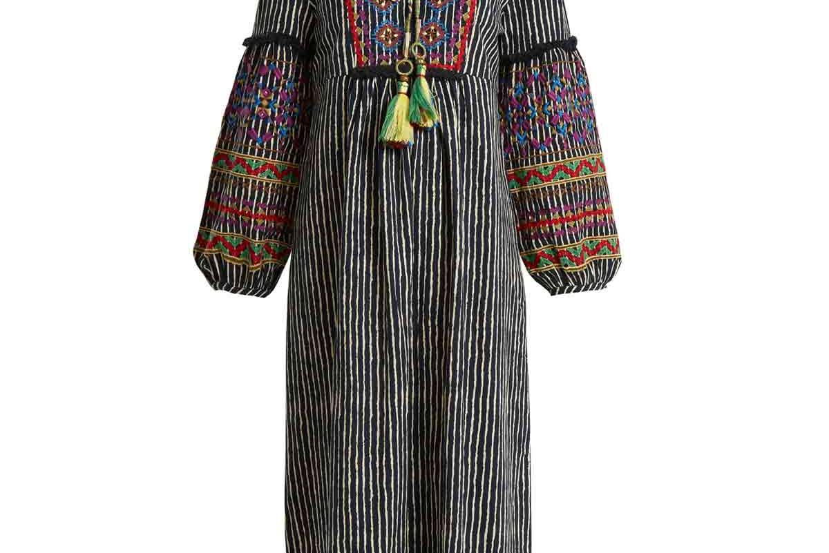 Ilene Embroidered Striped Cotton-Blend Dress
