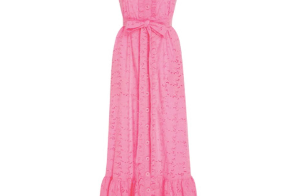 Ruffled Bodice Button Down Cotton-Lace Maxi Dress