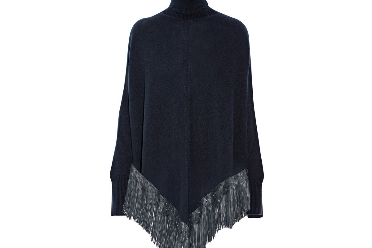 Leather-trimmed cashmere poncho