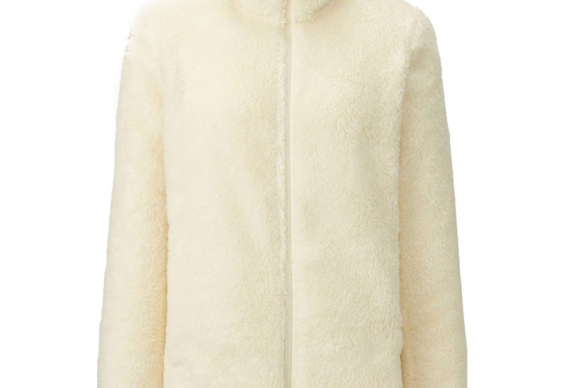Women Fluffy Yarn Fleece Full-Zip Jacket in Off-White