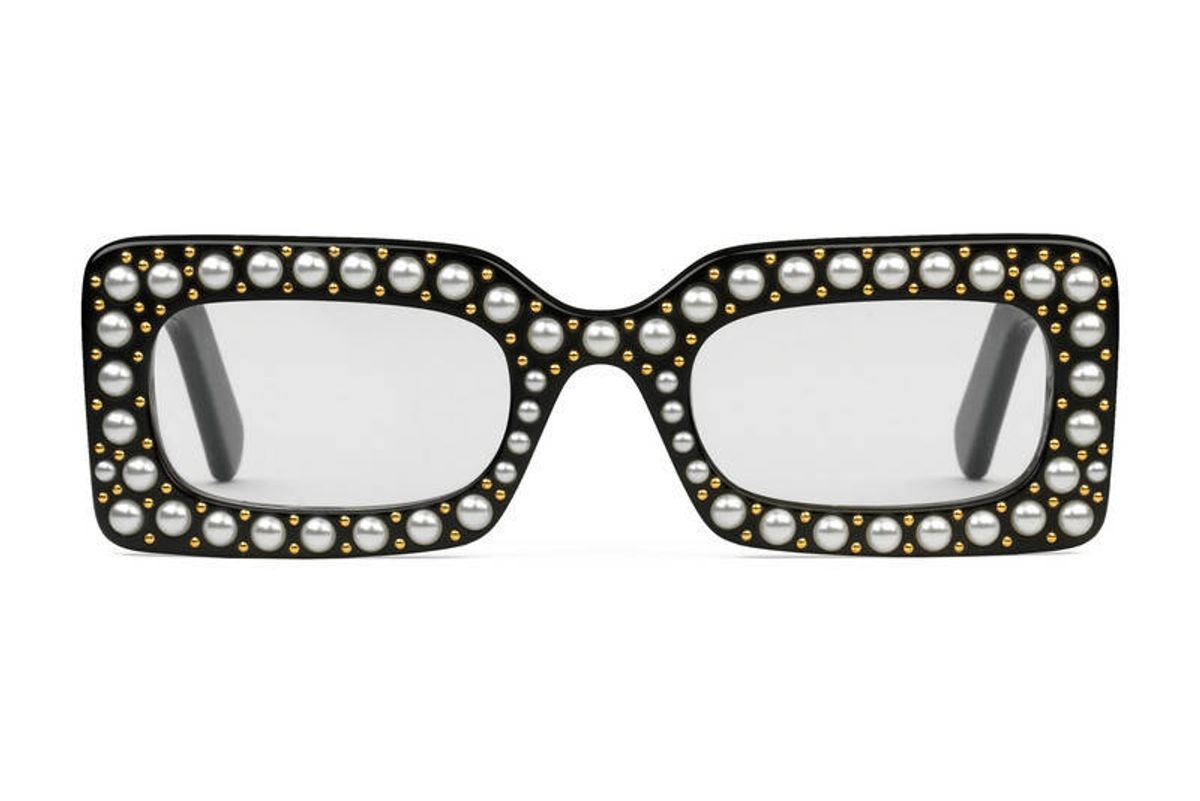 Rectangular-Frame Acetate Sunglasses with Pearls