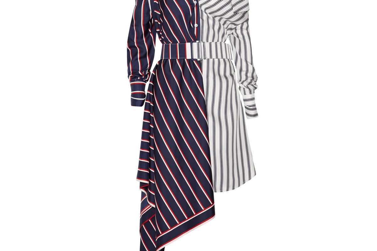 Off-the-Shoulder Asymmetric Striped Silk-Twill Dress
