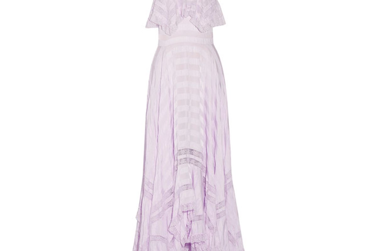 Bella Asymmetric Lace-Paneled Seersucker Maxi Dress