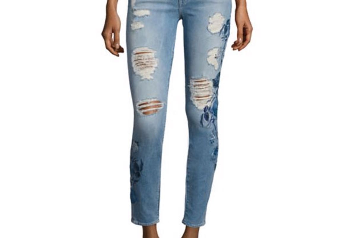 Embroidered Skinny-Fit Distressed Jeans