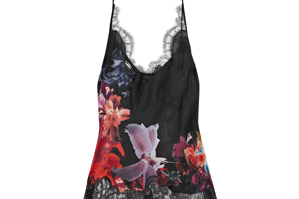 Lace-trimmed printed silk-satin camisole