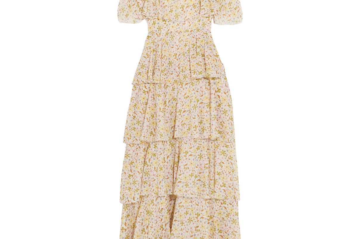 Cold-Shoulder Tiered Floral-Print Cotton-Voile Midi Dress