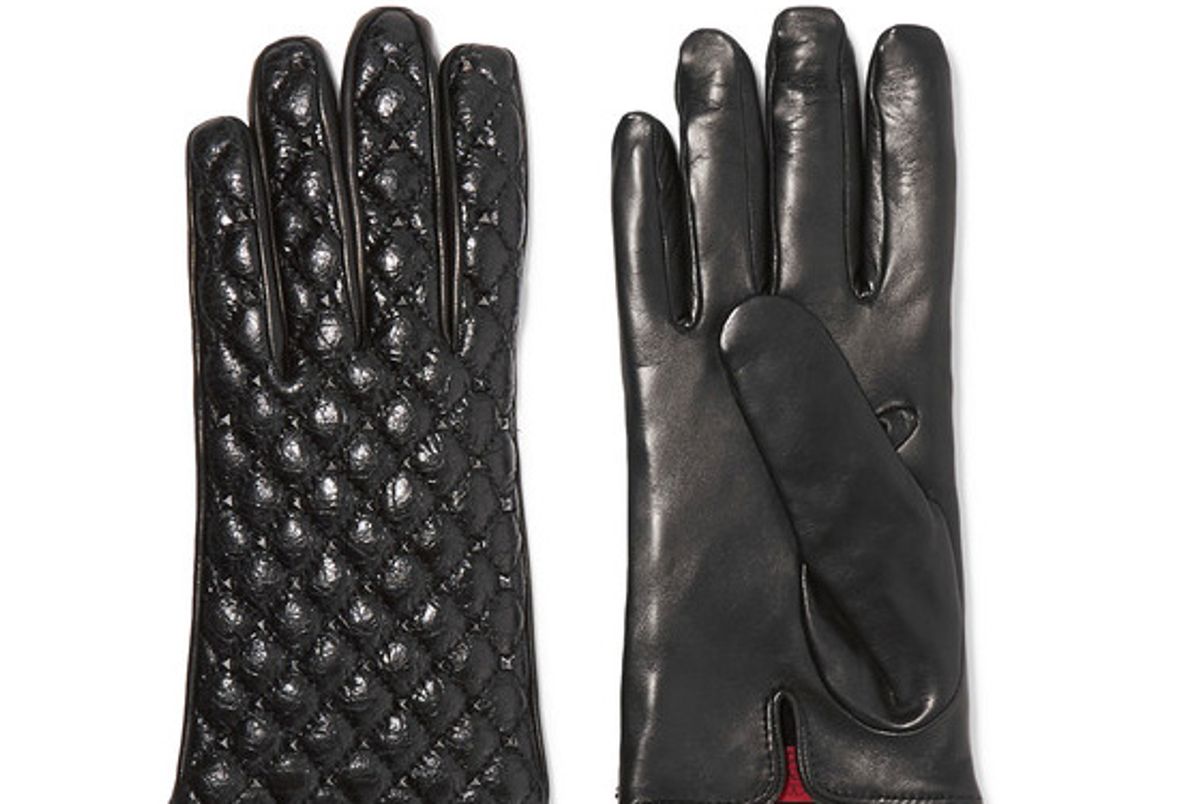 Studded Quilted Smooth and Glossed Textured-leather Gloves