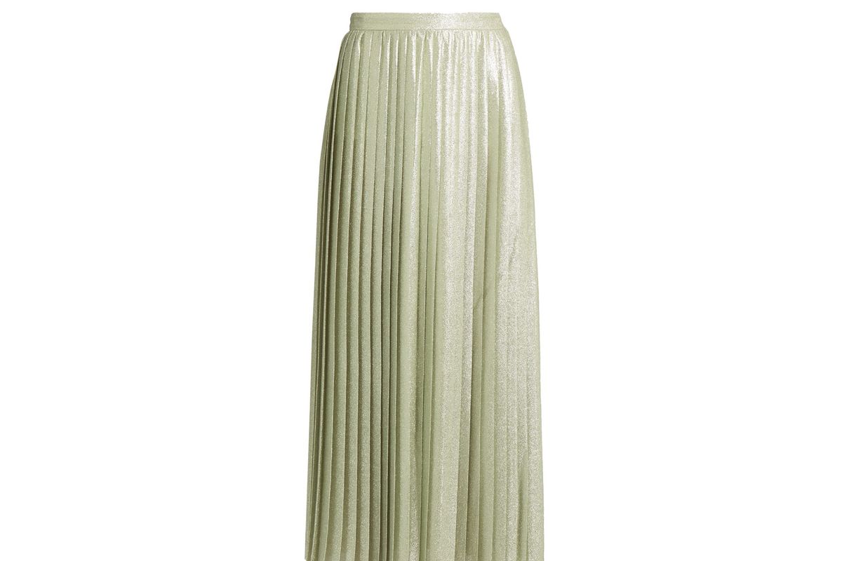 Metallic pleated wraparound maxi skirt
