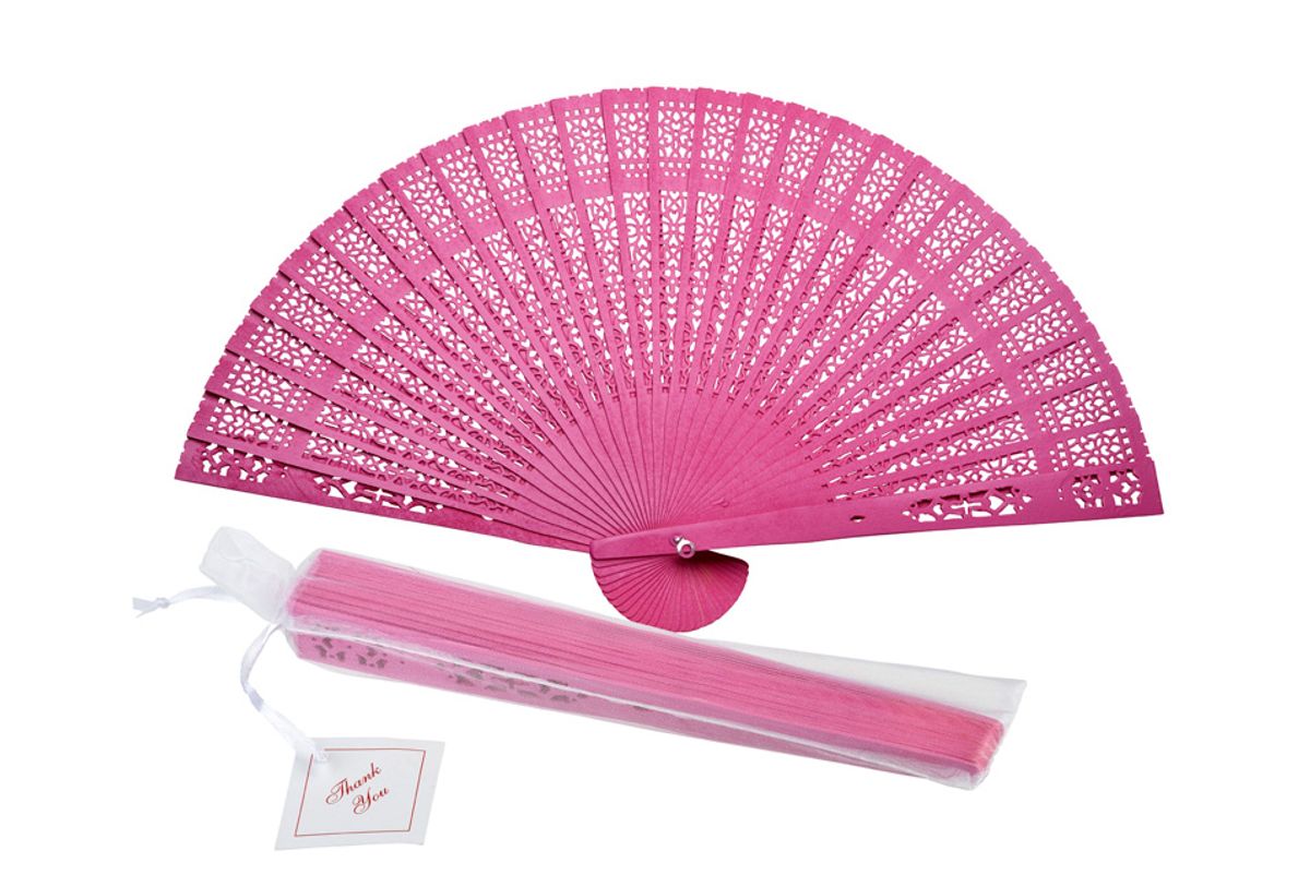 8" Fuchsia / Hot Pink Wood Panel Hand Fan w/ Organza Bag for Weddings